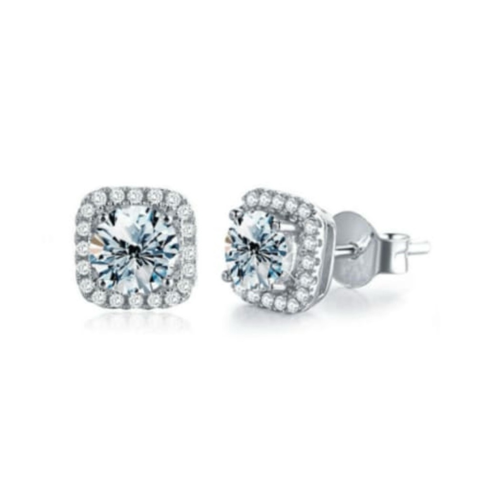 Solid 925 Sterling Silver Moissanite Square Dainty Stud Earring